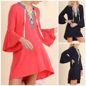 Coral Nautical Lace Up Neck Dress NWOT